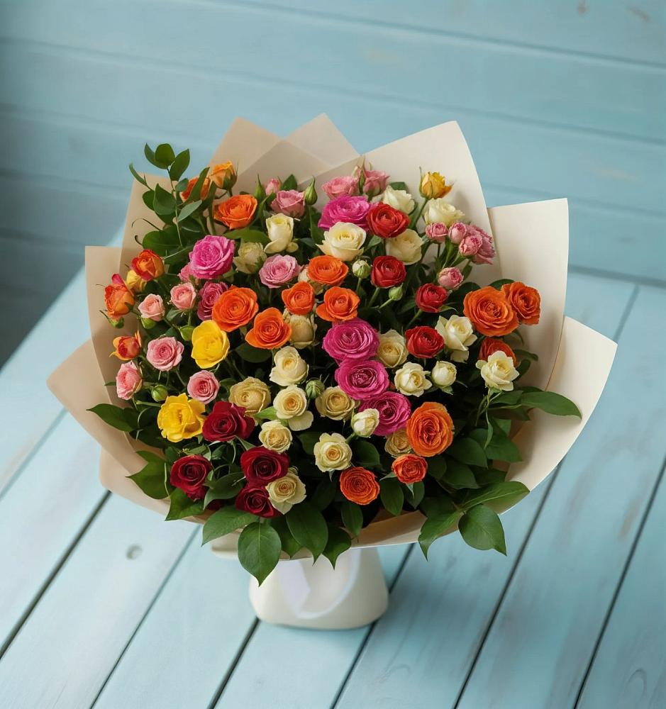 Букет Микс из разноцветных кустовых роз в Советске Кировской области